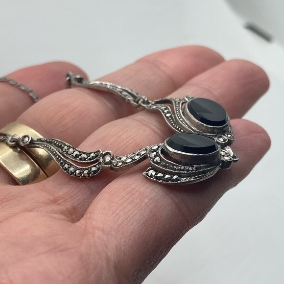 Art Deco Sterling Onyx & Marcasite Ornate Sterling Silver Chain Approx 16” - Picture 7 of 8